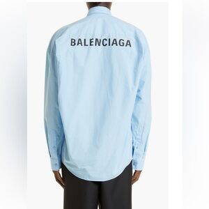 $1350 Mens Balenciaga Logo Back Oversized Button Up Shirt Sky Blue XLarge Eu 38